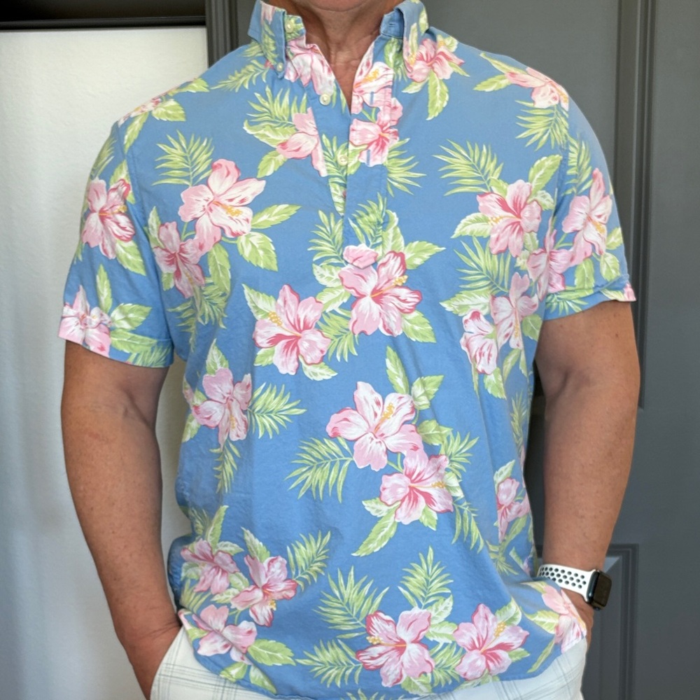 EUC RALPH LAUREN Men's Blue Floral Short-Sleeve Shirt - Pink Hibiscus Print